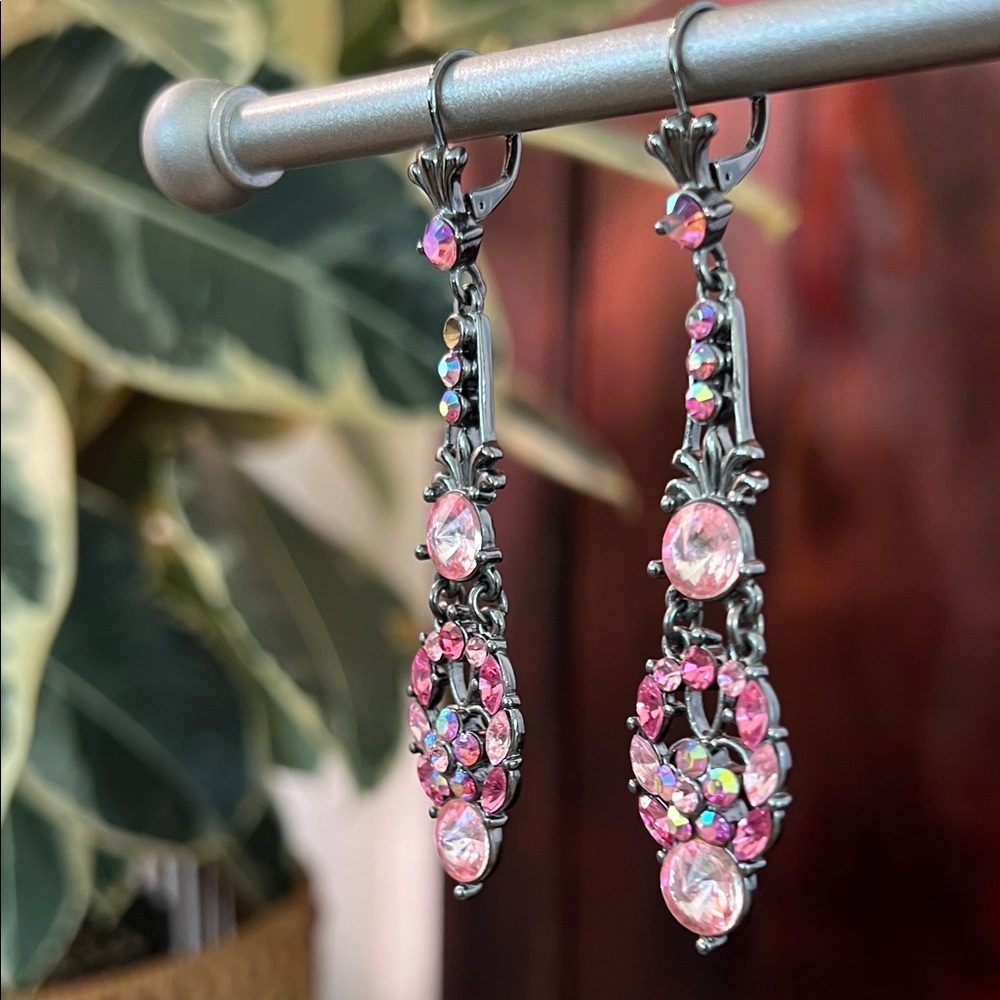 Pink Crystal Drop Earrings - Picture 2 of 10
